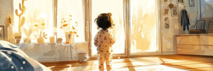 A toddler in pajamas early in the morning in his room, banner illustration