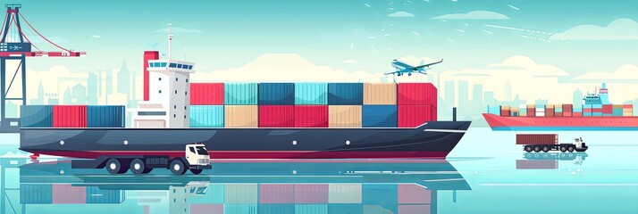 Freight transport, cargo transportation of goods by sea, rail, land and air, transportation and logistics banner illustration