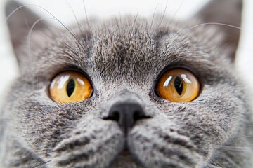 Cute grey cat with large yellow eyes hiding and peeking, isolated on white background, close up