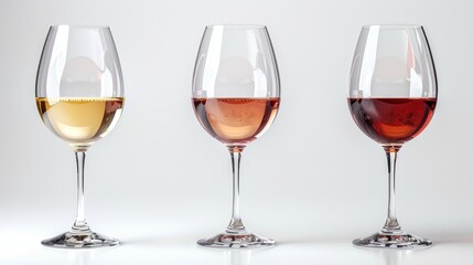 The white, rose, and red wine glasses are isolated on a white background
