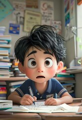 A cartoon boy is sitting at a desk with a pen and paper. He is writing something and he is in a serious or focused mood