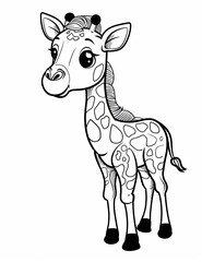 A cute baby giraffe is standing on a white background. The giraffe is cute and has a big smile on its face. Coloring page for kid