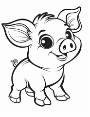 A cute baby pig with a smile on its face. The pig is standing on its hind legs and looking up at the camera. Coloring page for kid