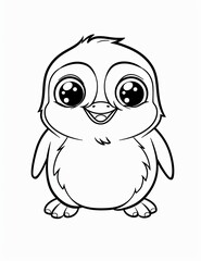 Fototapeta premium A cute baby penguin with a big smile on its face. The penguin is standing on its two legs and looking up at the camera. Coloring page for kid