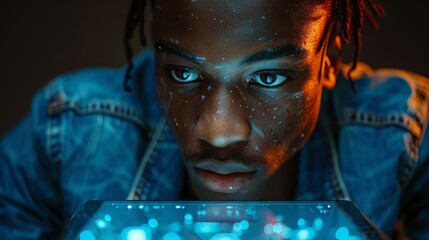 Concept of people and future technology. Cropped shot of African American young man in denim jacket, holding an electronic gadget with reflective touchscreen surface.