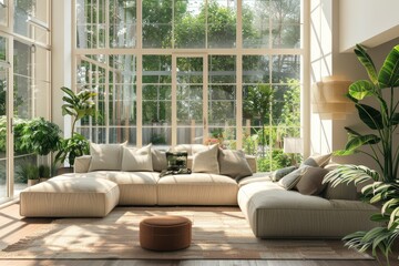 Spacious living room with modern sofa and floor-to-ceiling windows overlooking a garden.