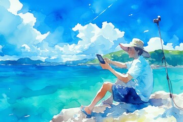 Watercolor Illustration of a happy young guy taking a selfie on the background of the sea - obrazy, fototapety, plakaty
