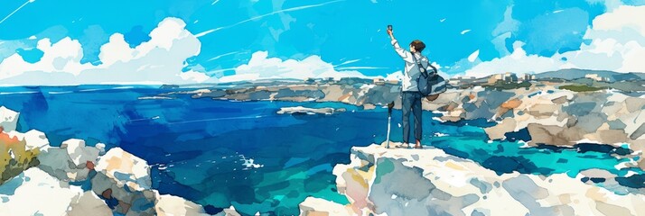 Watercolor Illustration of a happy young guy taking a selfie on the background of the sea, banner