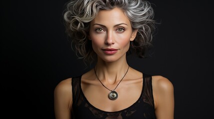 Portrait of a mature woman with silver hair and a confident expression against a black background concept 50+, natural beauty, timeless, close-up,  copy space