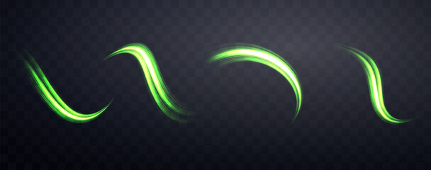 Glowing green lines set. Neon realistic energy speed. Abstract light effect on a dark transparent background. Vector illustration.