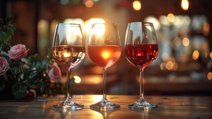 The warm light of a loft restaurant makes wine glasses glow
