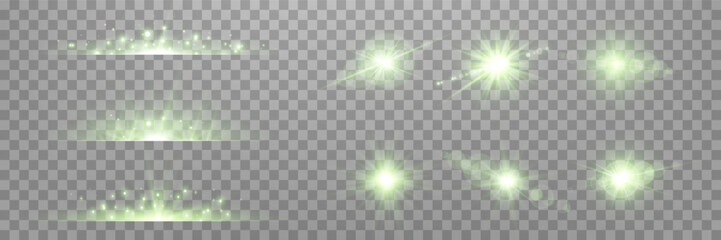 Green lens flares set. Isolated on transparent background. Sun flash with rays or spotlight and bokeh. Glow flare light effect. Vector illustration.