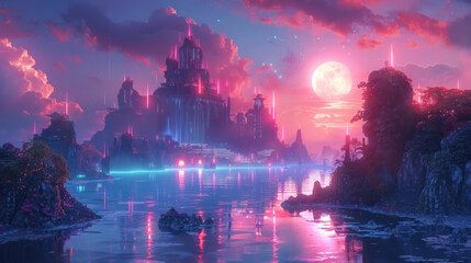mystical fantasy cityscape with glowing lights under a full moon, surrounded by tranquil waters and dramatic clouds - obrazy, fototapety, plakaty