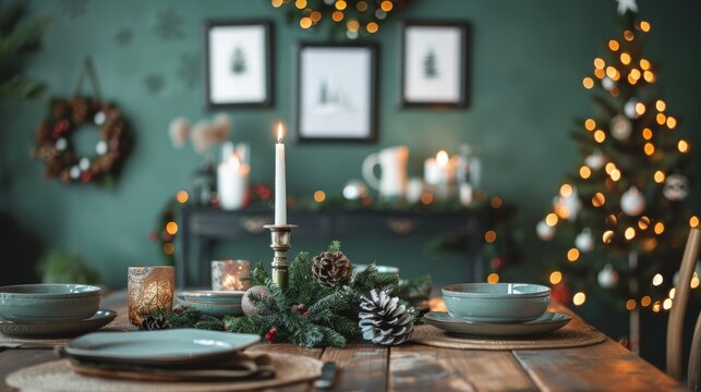 A garland of Christmas trees and black and white posters hang on the green wall of the dining room set for Christmas dinner
