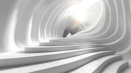 Futuristic White Tunnel With Winding Path and Bright Light at the End