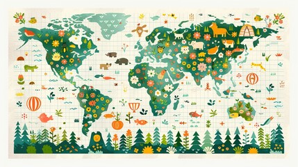 Colorful Illustrated World Map with Flora and Fauna