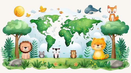 Obraz na płótnie Canvas Cute Cartoon Animals and World Map on a Sunny Day