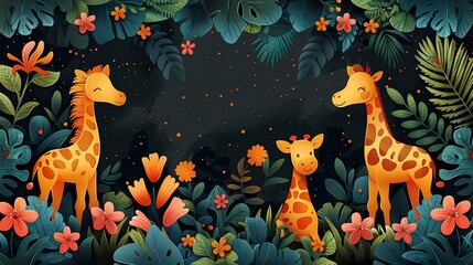 Naklejka premium Illustrated Giraffes in a Magical Jungle Setting at Night