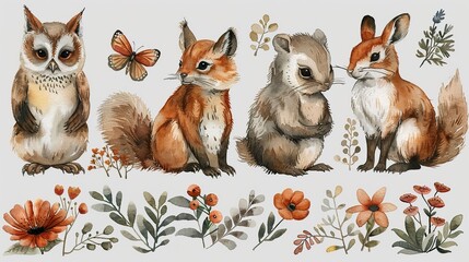 Watercolor Woodland Animals and Florals Illustration