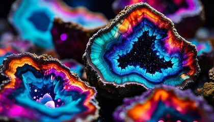 Vibrant Geode Crystal Patterns with Iridescent Colors in Detailed Macro Mineral Photography. - obrazy, fototapety, plakaty
