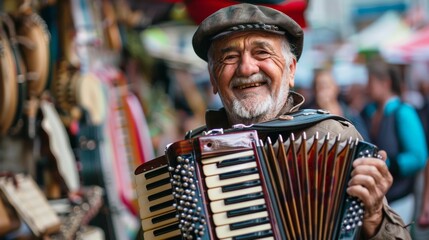Delighted Senior Accordion Player Performing in a Street Market