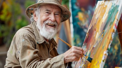 Vibrant Senior Artist Creating Colorful Artwork Outdoors