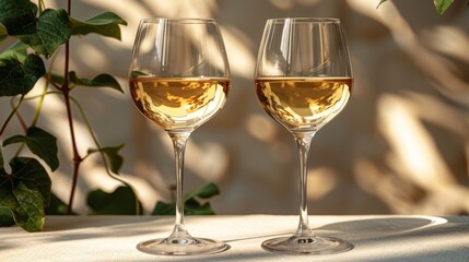 Two wine glasses with different kinds of dry white wine on grey concrete background with deep shadows