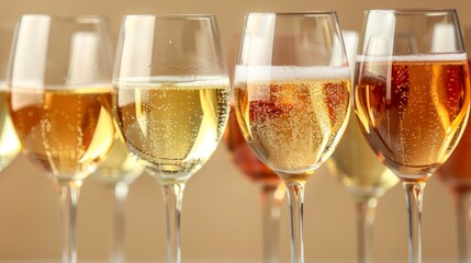 Top view of white sparkling wine in different glasses, stemmed glass with shadows and glares on light beige background. Concept of white wine tasting flat lay, copy space. Drinks for summer. - obrazy, fototapety, plakaty