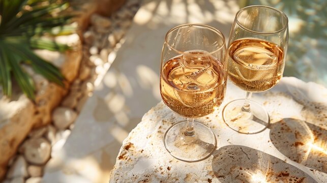 Stunning flat lay of summer party drinks, wine glasses with white sparkling wine and sunshine shadow on light table. Beautiful wine glasses on still life, beige golden neutral hues.