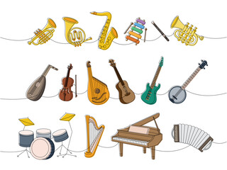 Musical instruments set. Tuba, trumpet, french horn, saxophone, xylophone, flute, lute, violin, bandura, acoustic guitar, american banjo, drum kit. - 780715055