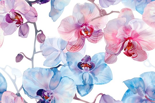 Watercolors of orchid flowers, seamless pattern tile.