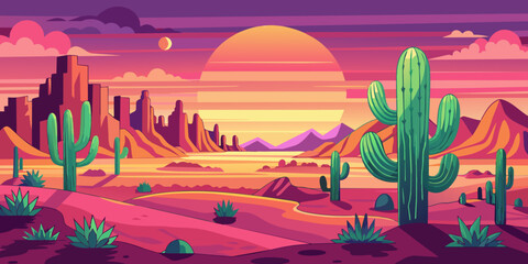 Landscape of desert  mountains and cacti in vintage tones.