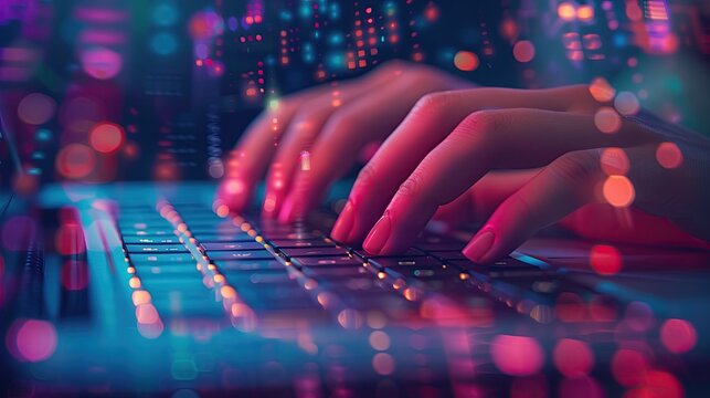 Closeup hands coding on a laptop keyboard, highlighting digital innovation