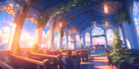 Enchanted Church Interior with Christmas Decor illustration - obrazy, fototapety, plakaty