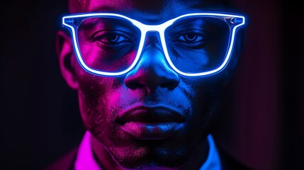 Close-up portrait of a man with glowing neon glasses, casting vivid blue and pink hues on his face, creating a dynamic fusion of modern style and technology.
