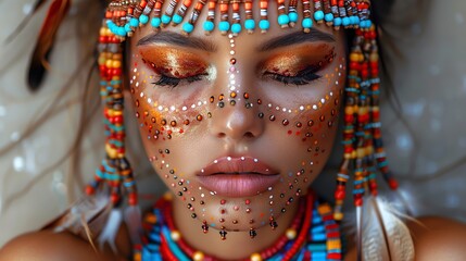 Close-up of a woman's face, beautifully decorated with aboriginal dot painting, her eyes closed in tranquility, symbolizing cultural heritage and artistic expression.