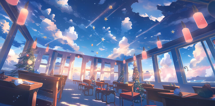 Magical Classroom with Floating Lanterns and Stars, christmas ilustration.
