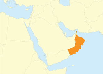 Orange detailed blank political map of OMAN with black borders on beige continent background and blue sea surfaces using orthographic projection of the Middle East