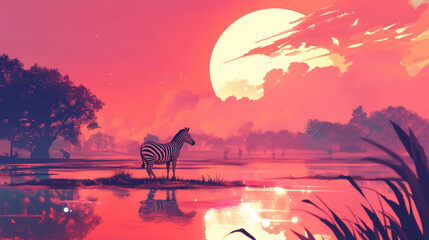 Zebra em um lago ao por do sol rosa - Ilustração