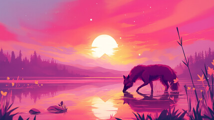 Lobo-guará em um lago ao por do sol rosa - Ilustração