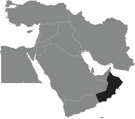 Black detailed blank political map of OMAN with white borders on transparent background using orthographic projection of the gray Middle East