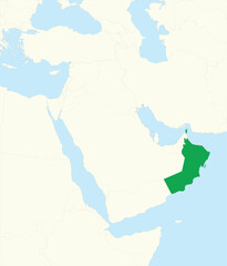 Green detailed blank political map of OMAN with black borders on beige continent background and blue sea surfaces using orthographic projection of the Middle East