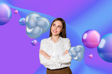 Fototapeta premium Creative picture collage young woman business entrepreneur dreamy thoughtful girl 3d fragments figures drawing background