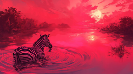 Fototapeta na wymiar Zebra em um lago ao por do sol rosa - Ilustração