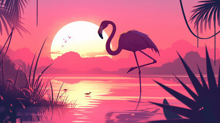 Flamingo rosa em um lago ao por do sol rosa - Ilustração - obrazy, fototapety, plakaty