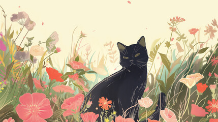 Gato deitado no jardim florido - Arte colorida  - obrazy, fototapety, plakaty