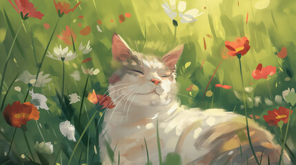 Gato deitado no jardim florido - Arte colorida  - obrazy, fototapety, plakaty