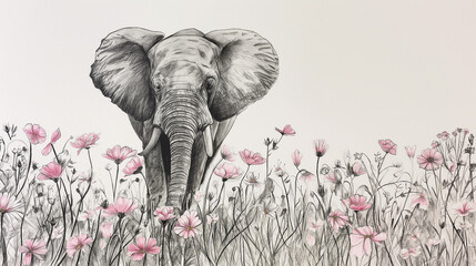Elefante andando em um campo de flores - Desenho de esboço