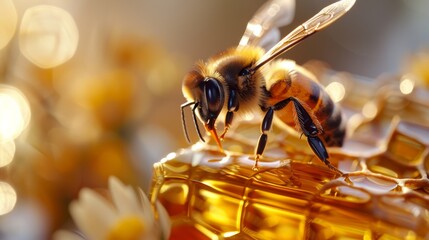 Naklejka premium Photorealism of A highly detailed honeybee perched atop a golden honeycomb-inspired perfume bottle, its wings and eyes catching the light, against a warm, reflective surface,magazine photography