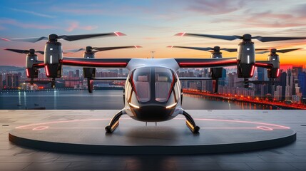 Modern technologies for transporting passengers and cargo by air. Unmanned taxi. Passengers enjoy a comfortable and luxurious ride in the spacious cabin of the unmanned taxi. - obrazy, fototapety, plakaty